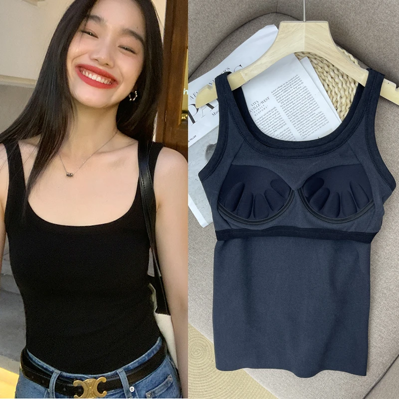 冬季保暖背心女圆领无袖百搭内衣自带胸垫一体式内衣免穿文胸上衣