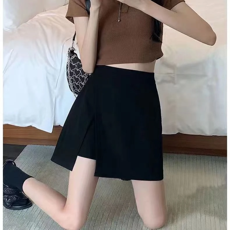 防走光裙子夏季黑色时尚百搭A字高腰短裙开叉不规则短裤裙半身裙