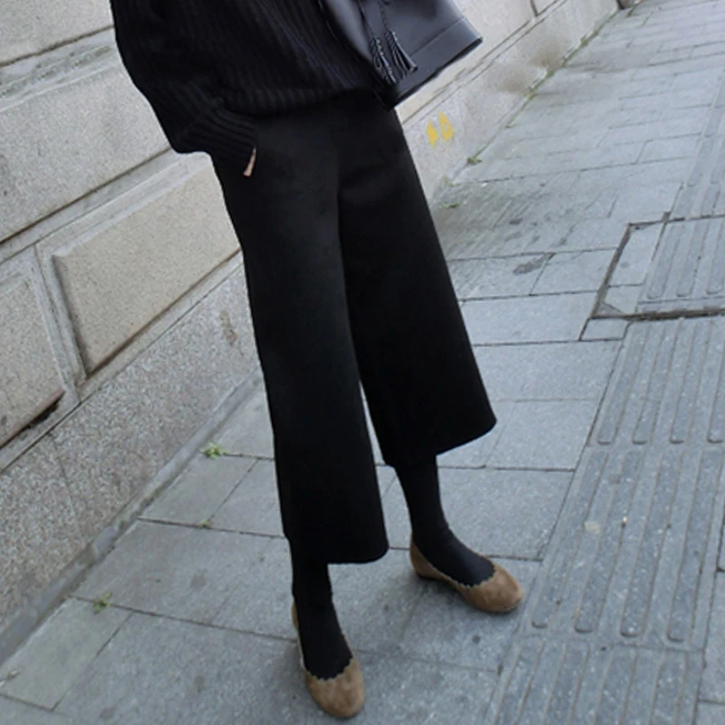 毛呢阔腿裤女秋冬新款八分休闲裤子女学生韩版宽松显瘦加厚直筒裤