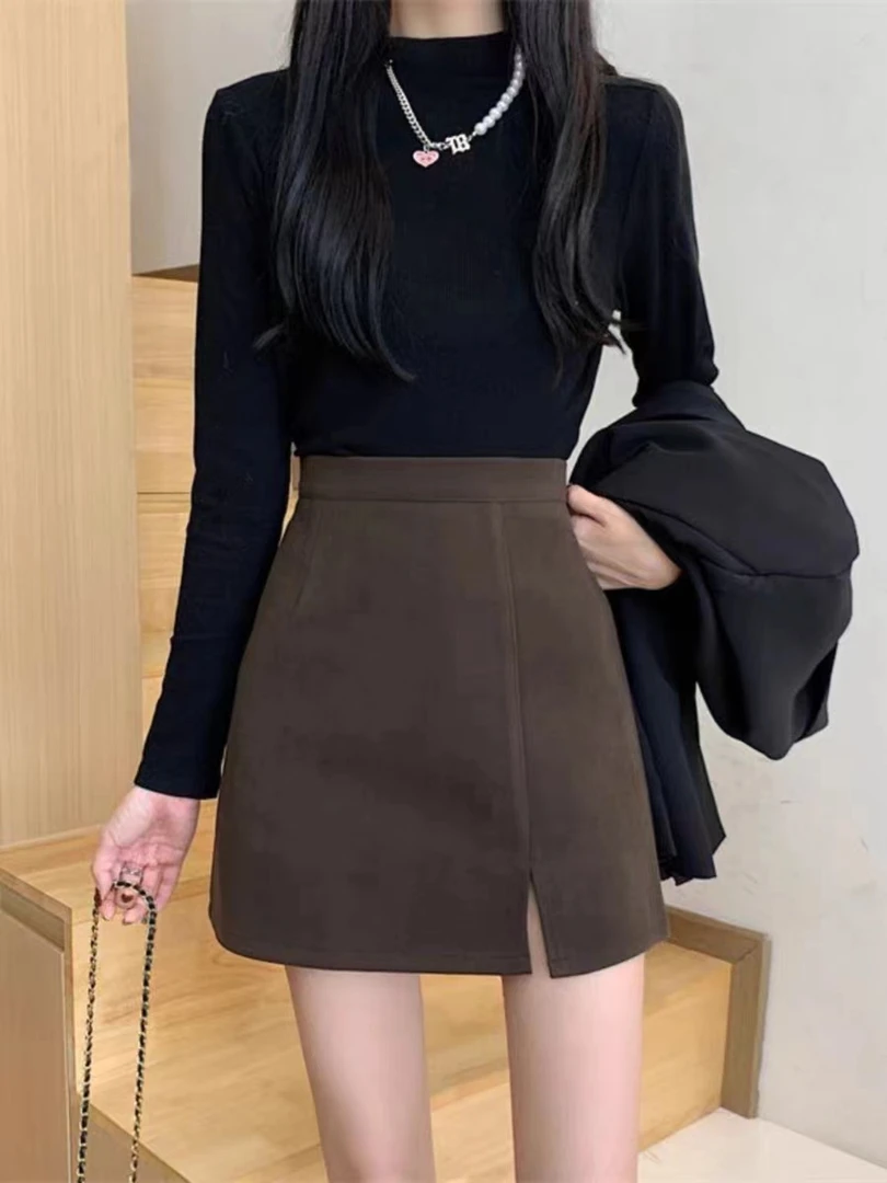 秋冬季毛呢新款高腰百搭韩版网红A字半身裙秋季显瘦时尚开叉短裙