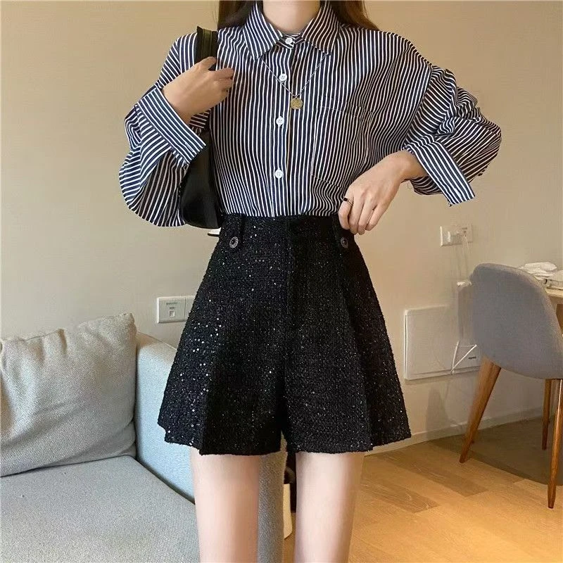 粗花呢短裤女秋冬黑色小香风新款高腰亮丝靴裤百搭显瘦阔腿裤潮女