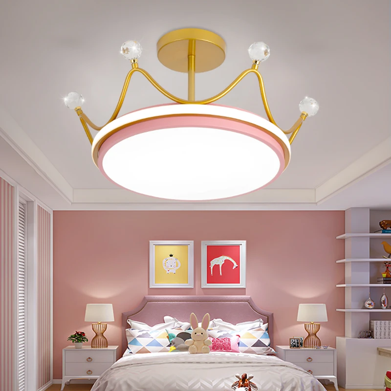 皇冠儿童房卧室灯简约现代粉色女孩房间护眼灯具北欧le·d吸顶吊灯