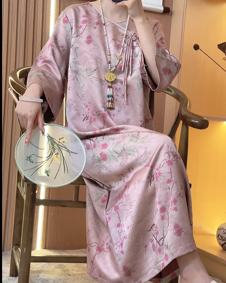 【花不语】2024夏季新款气质新中式连身裙国风立领提花短袖连衣裙女