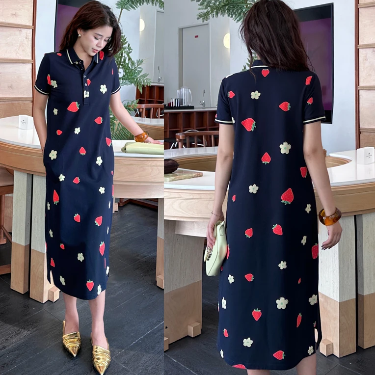 25夏季女韩版纯棉印花加长短袖连衣裙休闲A字宽松过膝T恤polo长裙