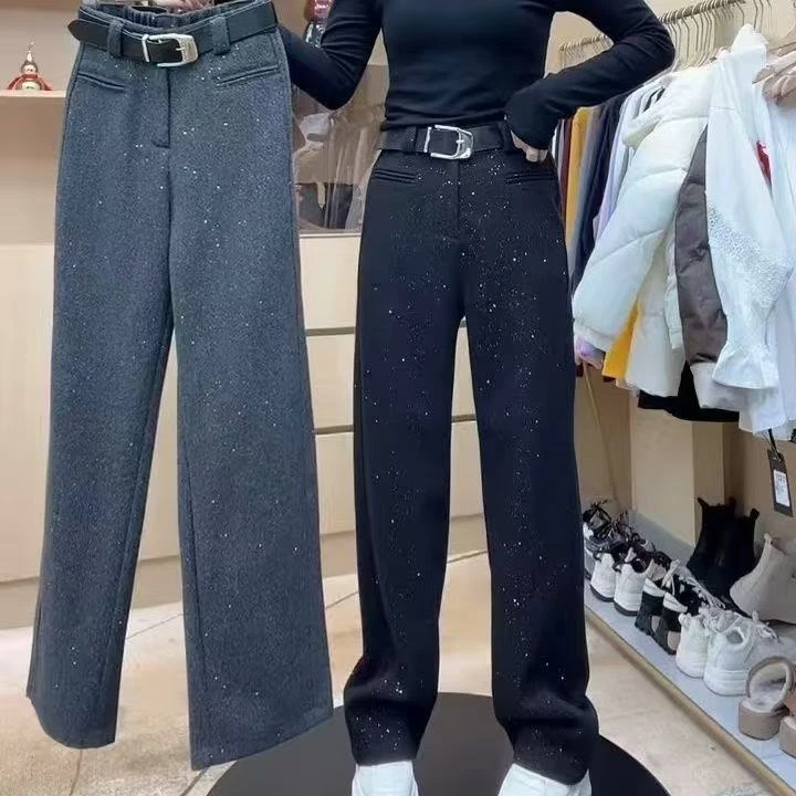 欧货毛呢亮片闪闪阔腿裤女2024冬季新款直筒阔腿星河裤高端休闲裤