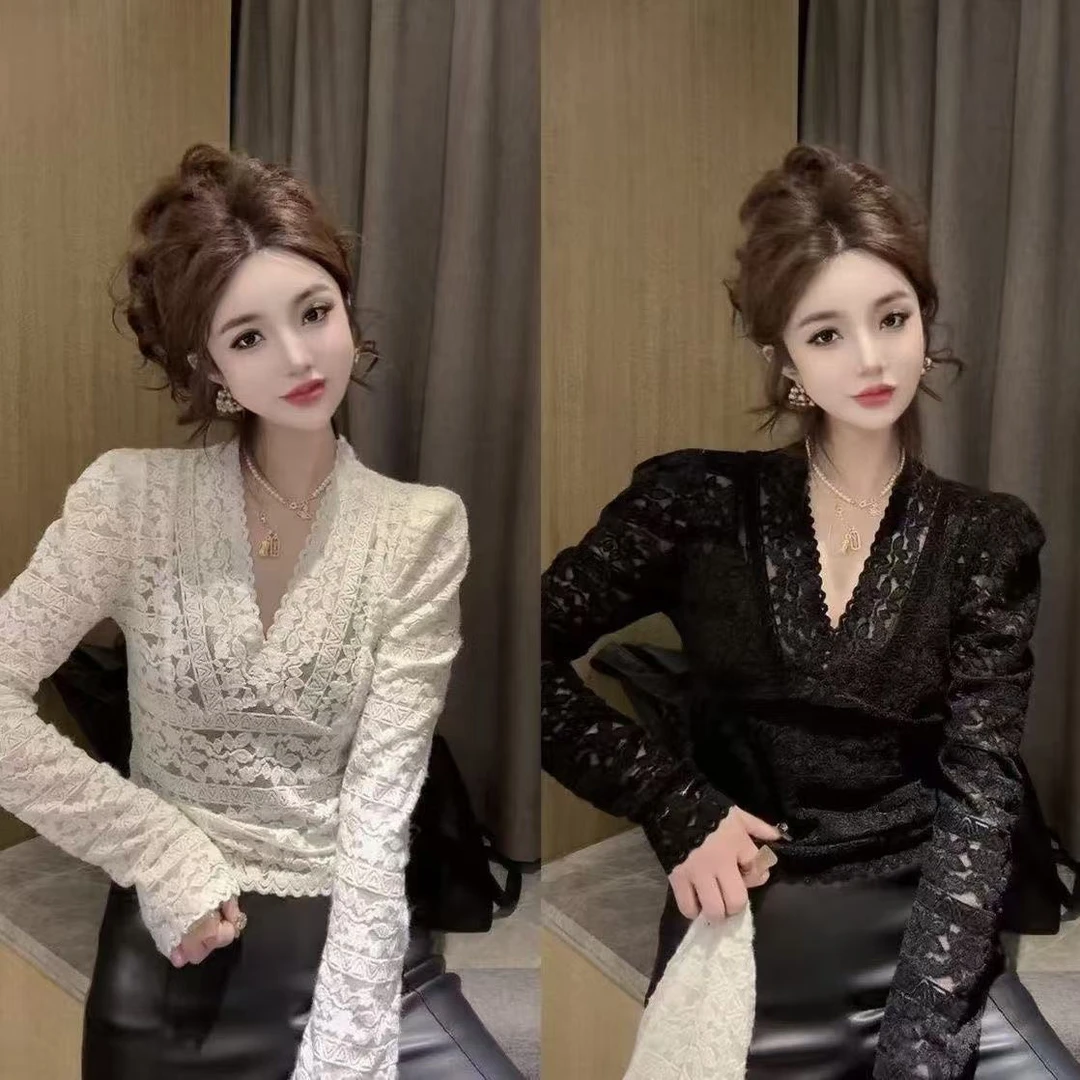 欧洲站2024冬季新款v领蕾丝衫女时尚洋气百搭小心机长袖套头上衣