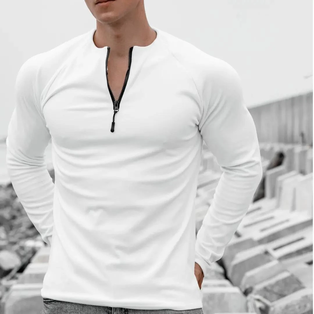 男士秋季美式修身德绒保暖高弹健身运动显半拉链圆领长袖打底长T