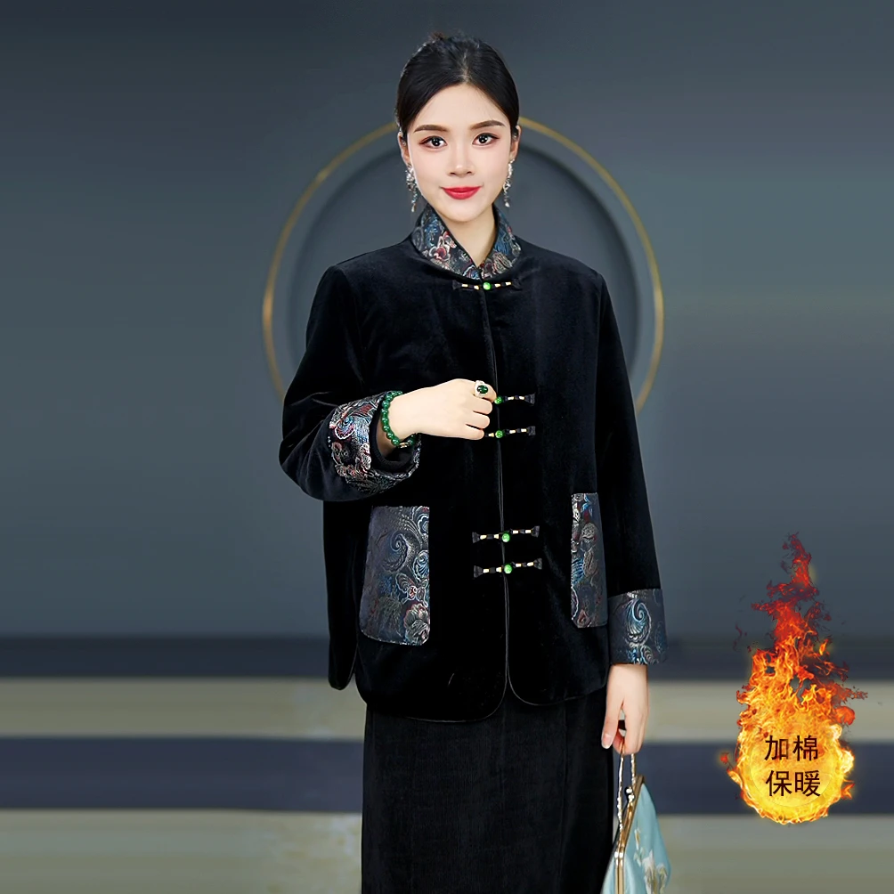 锦贵妇-如歌年代秋冬高档加棉服外套新中式丝绒拼接重工保暖上衣