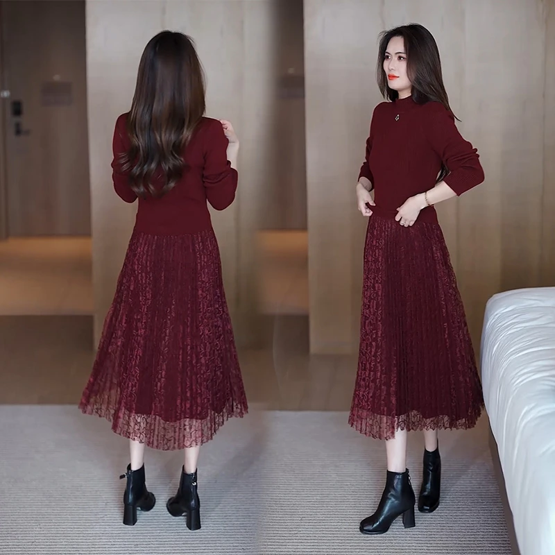 针织连衣裙女2024秋冬新款百搭修身显瘦拼接假两件毛衣裙打底裙子