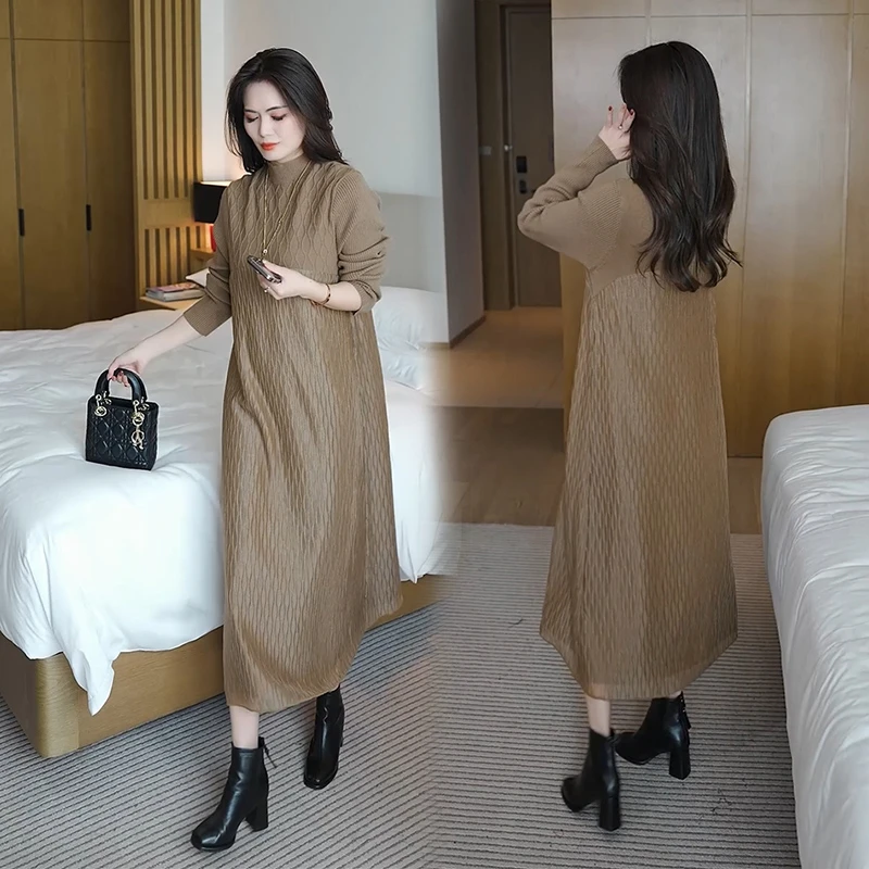 2024秋冬新款针织打底衫毛衣蕾丝连衣裙宽松显瘦长款毛衣裙过膝