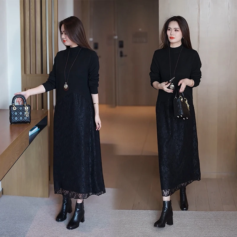 妈妈装连衣裙秋冬气质婆婆2024新款大码打底裙中年女蕾丝针织裙子