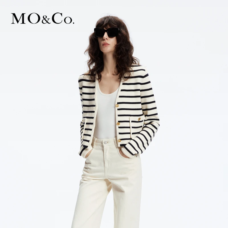 MOCO新品小香风肌理条纹V领短款针织衫开衫外套MBD1CAR016