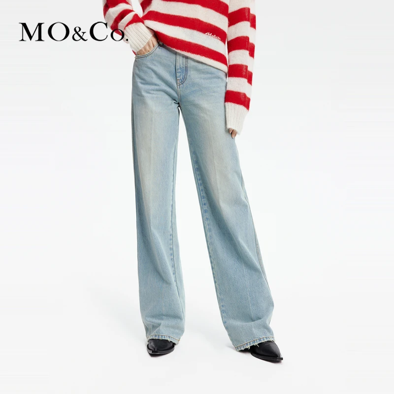 MOCO秋季手擦猫须磨砂中腰怀旧浅蓝棉质牛仔裤MBD1JEN015