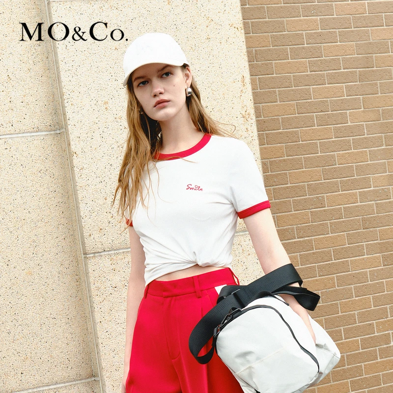 MOCO夏季撞色边圆领标语刺绣棉质弹性短袖T恤MBC2TEET28