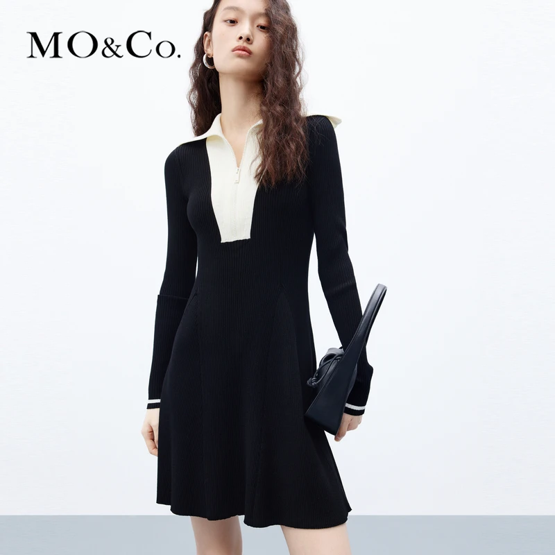 MOCO秋撞色翻领高腰收腰天丝包芯纱针织连衣裙MBC3DRS049