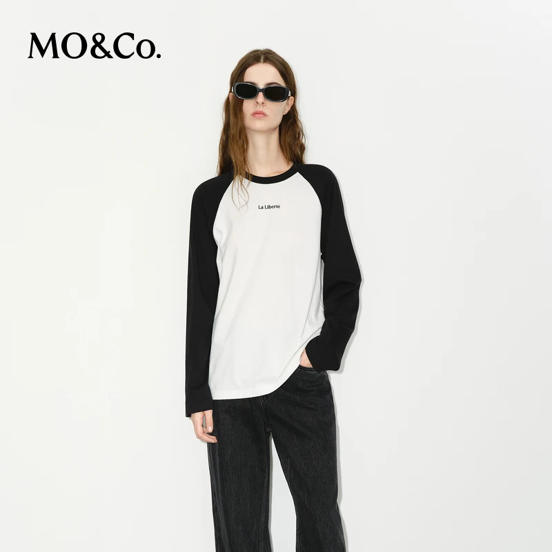 MOCO长袖T恤冬黑白撞色插肩袖棉质印花圆领MBD4TEE012