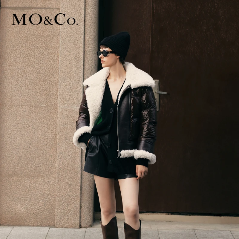 【防寒】MOCO冬季机车风拼接毛绒边翻领时尚短款羽绒服MBB4EIN001