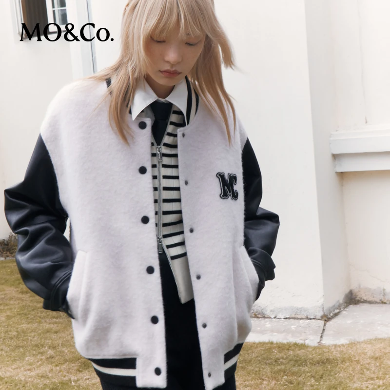 MOCO秋冬撞色素皮拼接绵羊毛毛绒学院风宽松棒球服外套MBC4COT036