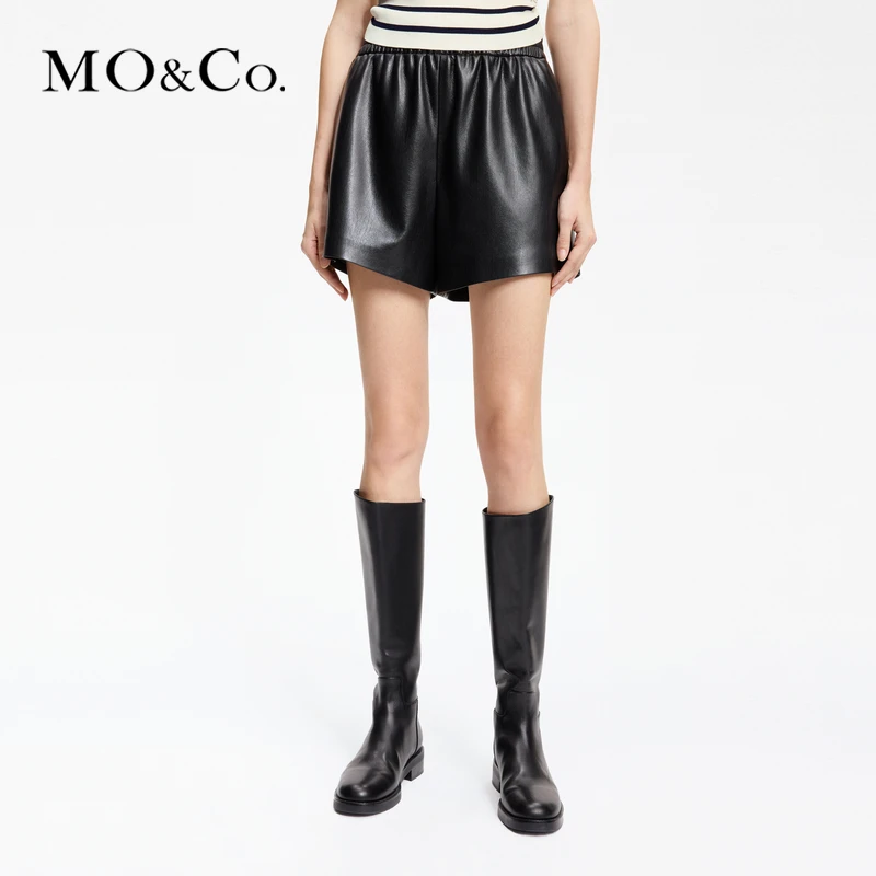 MOCO春重工压胶蛋白皮松紧高腰宽松短裤休闲裤MBD1SOT007