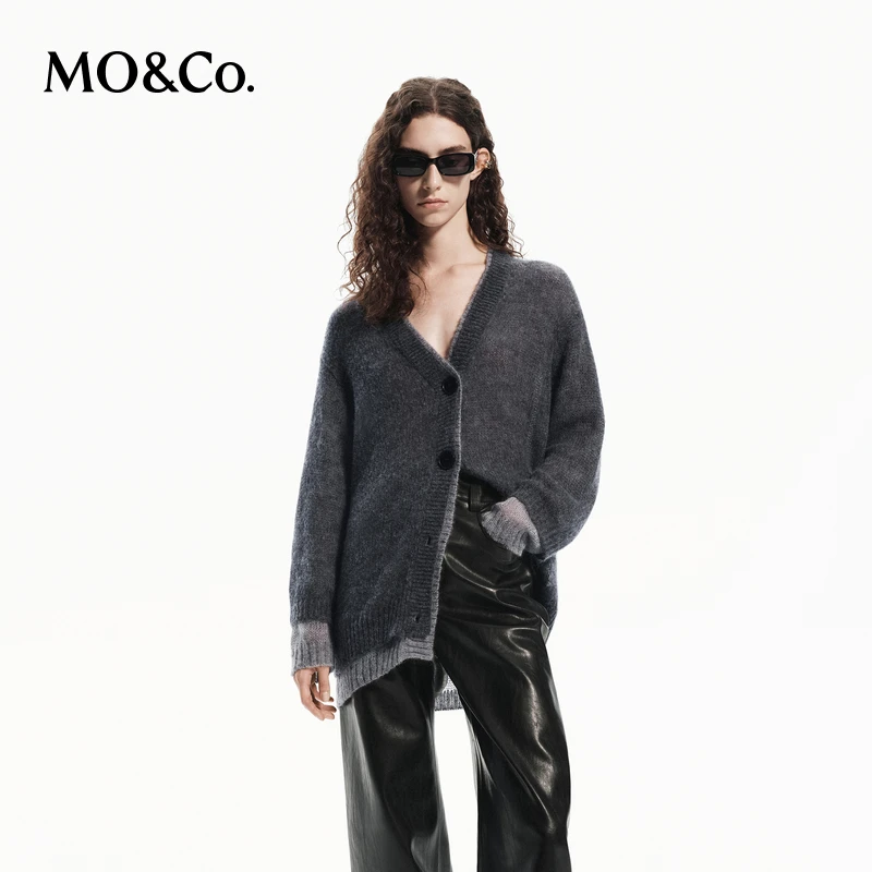 MOCO秋含绵羊毛马海毛雾面灰调假两件针织开衫MBD3CAR006