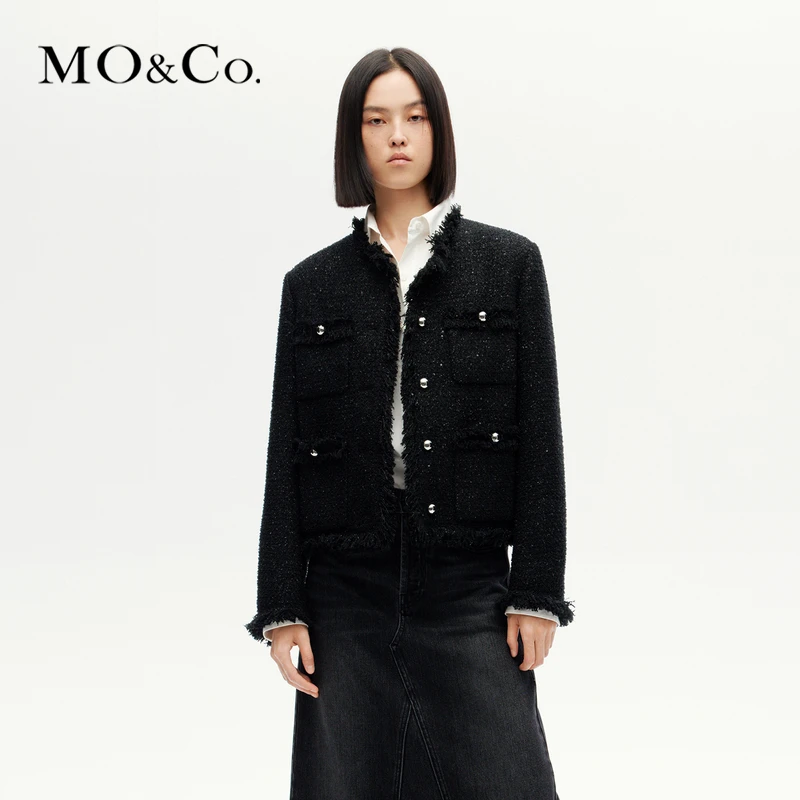 MOCO摇滚闪葱亮片粗花呢毛边短款直角肩外套MBC4COTK03