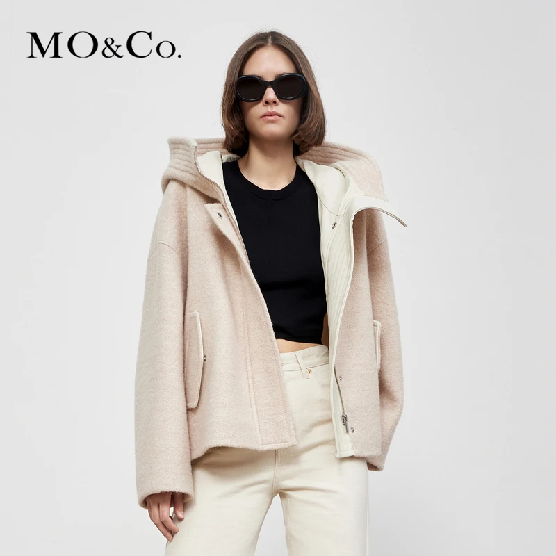 MOCO秋季绵羊毛呢拼色廓形连帽立领高领外套MBB3COTT12