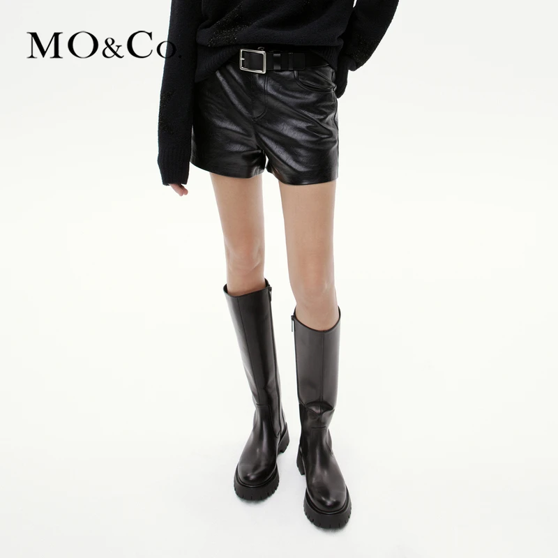 MOCO冬质感纹理素皮摇滚黑色高腰短裤休闲裤MBC4SOT003