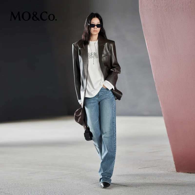 MOCO西装春秋复古烟熏棕色素皮中性垫肩廓形外套MBD3BLA001