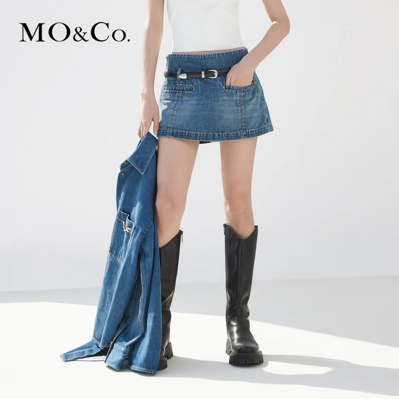MOCO春季宽边中腰短款蓝色牛仔裙裤(附腰带)MBD1SOTT12