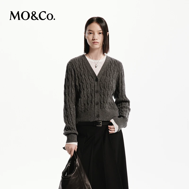 MOCO2024秋新品100%绵羊毛V领短款针织开衫MBD3CART02
