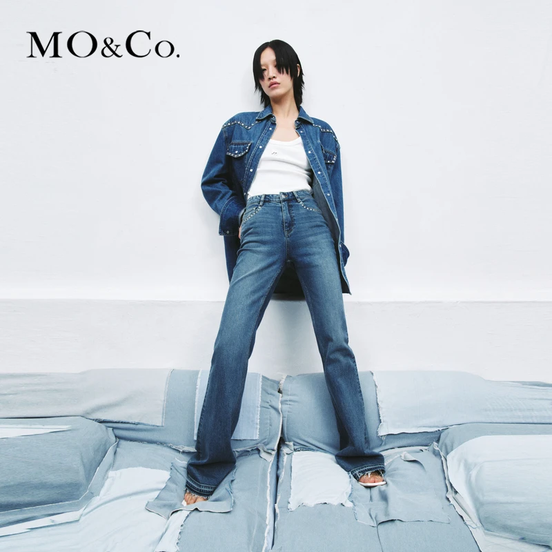 MOCO秋高腰长款微喇烂边牛仔裤喇叭裤丹宁风MBC3JENT06
