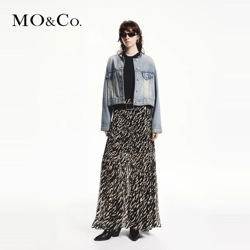 MOCO剪口无领磨白褪色短款棉质牛仔夹克外套MBD3JKT003