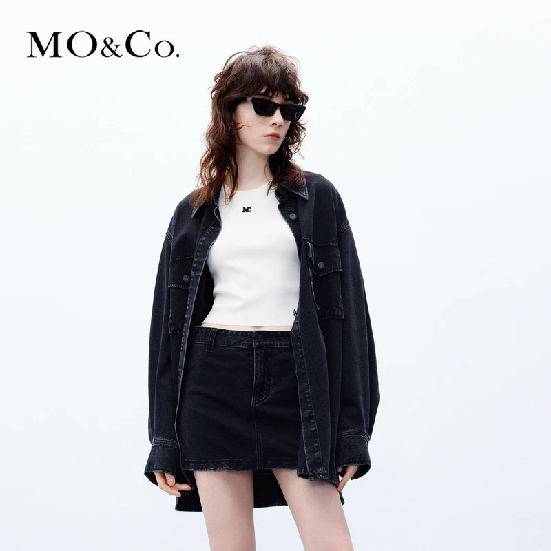 MOCO牛仔夹克镭射图案重工洗水外套中性衬衫式廓形黑色MBC3JKT022