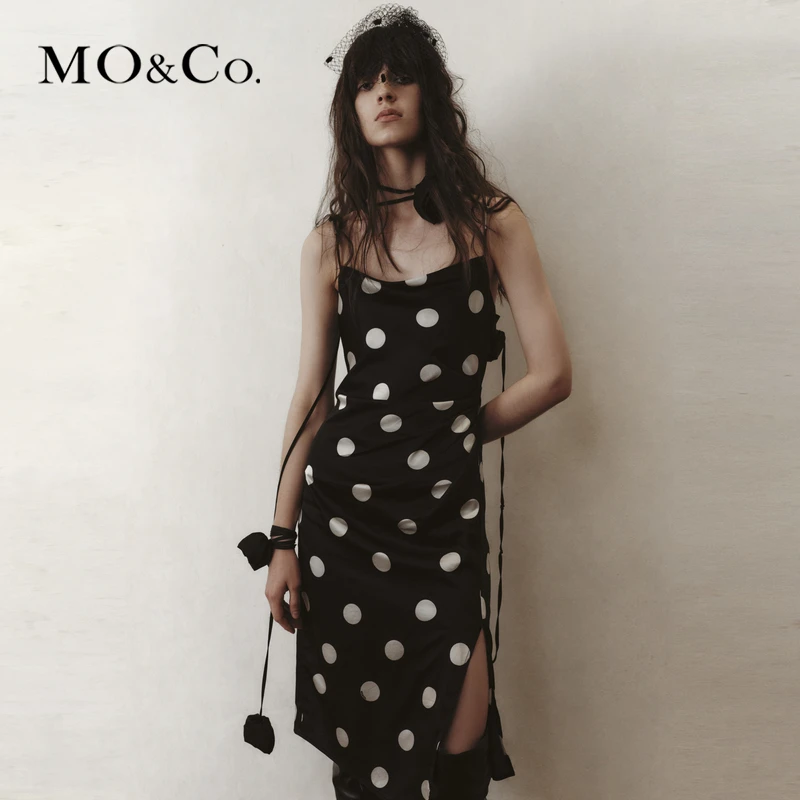 MOCO秋含桑蚕丝复古波点解构吊带连衣裙MBC3DRS032
