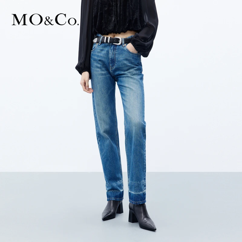 MOCO秋拆洗裤脚小直筒棉质高腰牛仔裤丹宁风MBC3JEN003