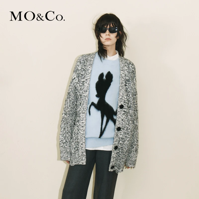 MOCO毛衣外套秋冬刺绣简笔小鹿黑白花色漏针绵羊毛精纺MBC4CART16
