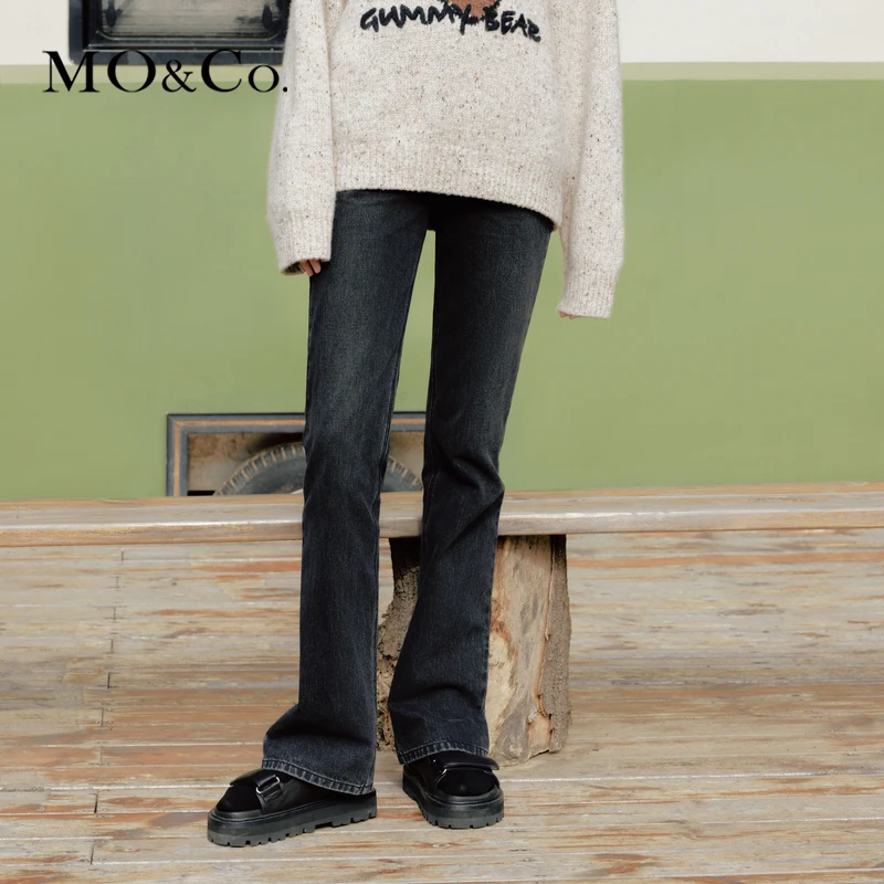 MOCO春季设计感后中线开衩黑色牛仔裤MBC1JEN034