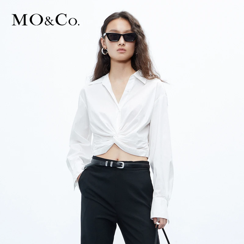 MOCO秋设计感立裁扭结收腰短款衬衫上衣白色MBC3SHTK01