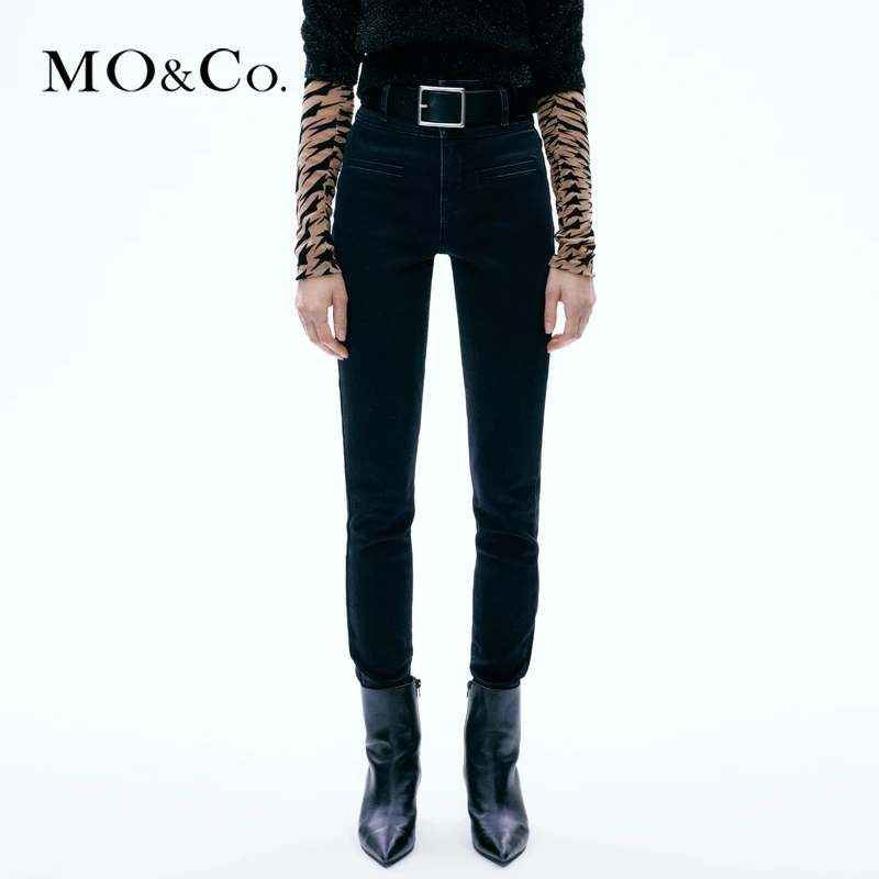 【吸光发热】MOCO冬防寒多纽扣高腰修身黑色牛仔裤MBC4JENT05