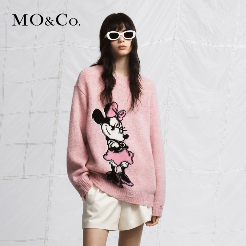 MOCO毛衣含绵羊毛宽松做旧针织衫套头绒感图案落肩慵懒MBC3SWTT14