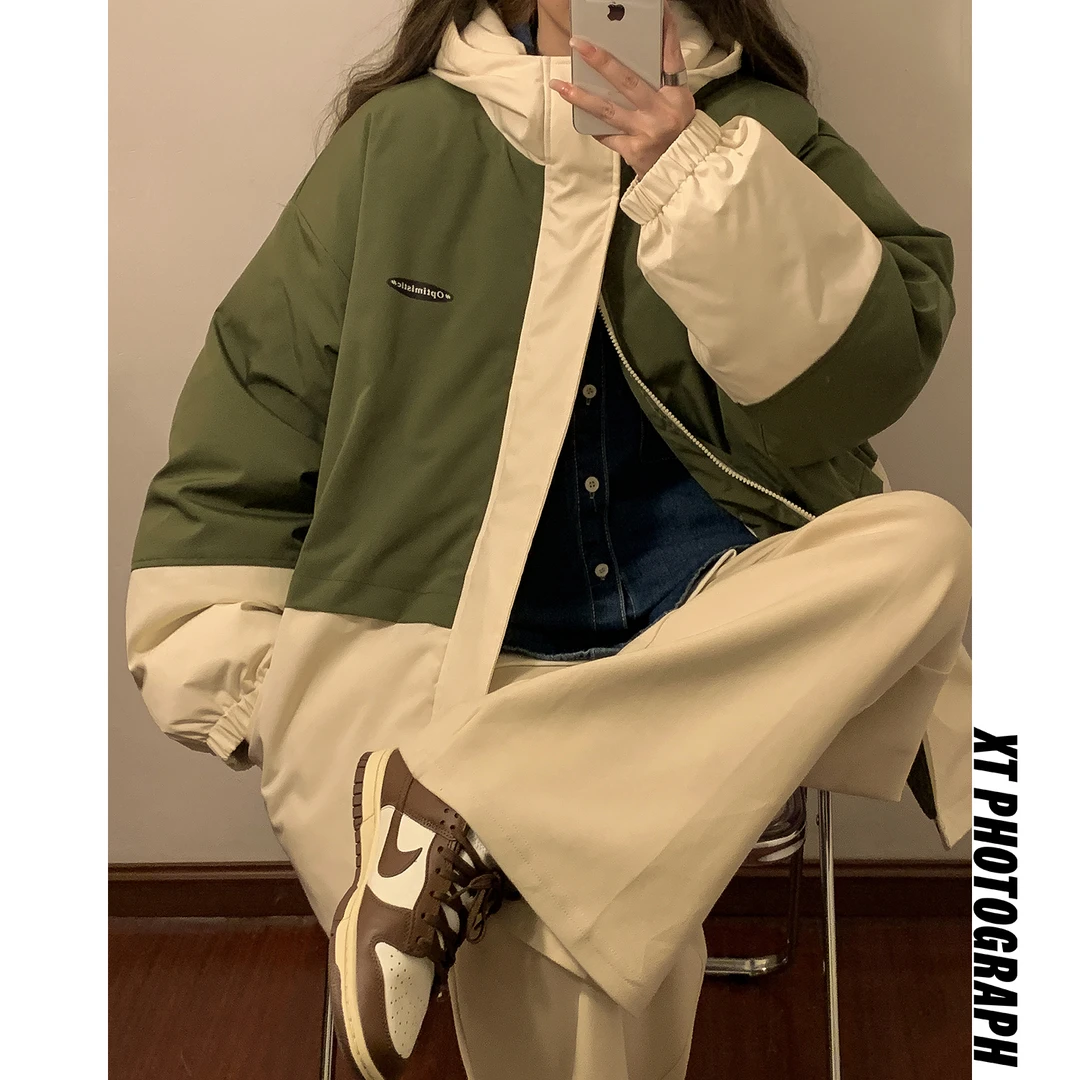 工装棉服情侣秋冬装2023年学生宽松夹棉加厚美式复古拼色冲锋衣