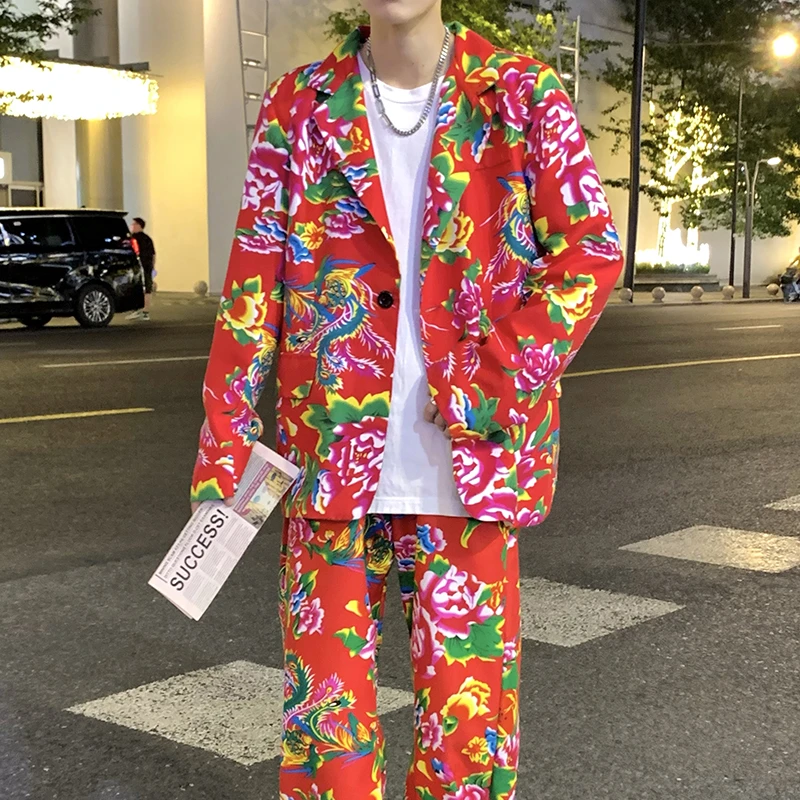男大码西服套装西装东北大花民族风特色中国风印花小西服两件套东