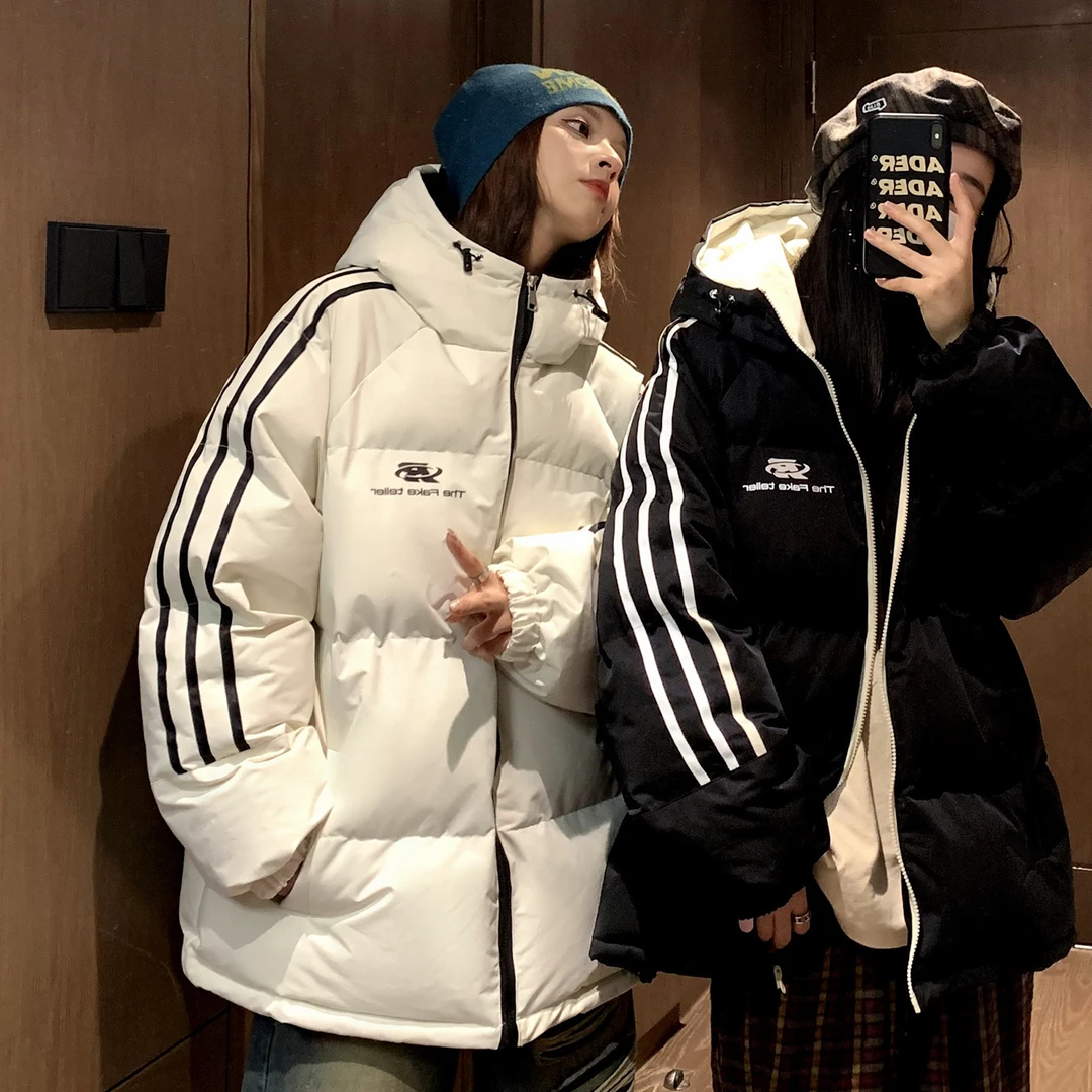 面包服连帽棉衣男秋冬美式三条杠hiphop港风棉服高街痞帅情侣外套