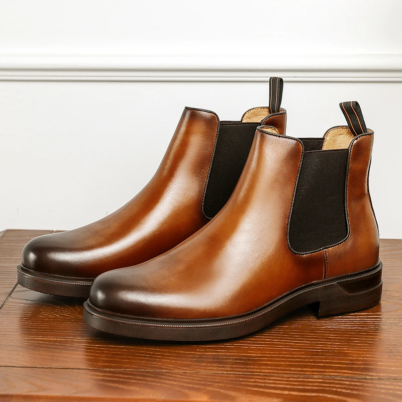 【德赛】时尚复古男鞋真皮头层牛皮切尔西靴男士靴子短靴加绒男靴