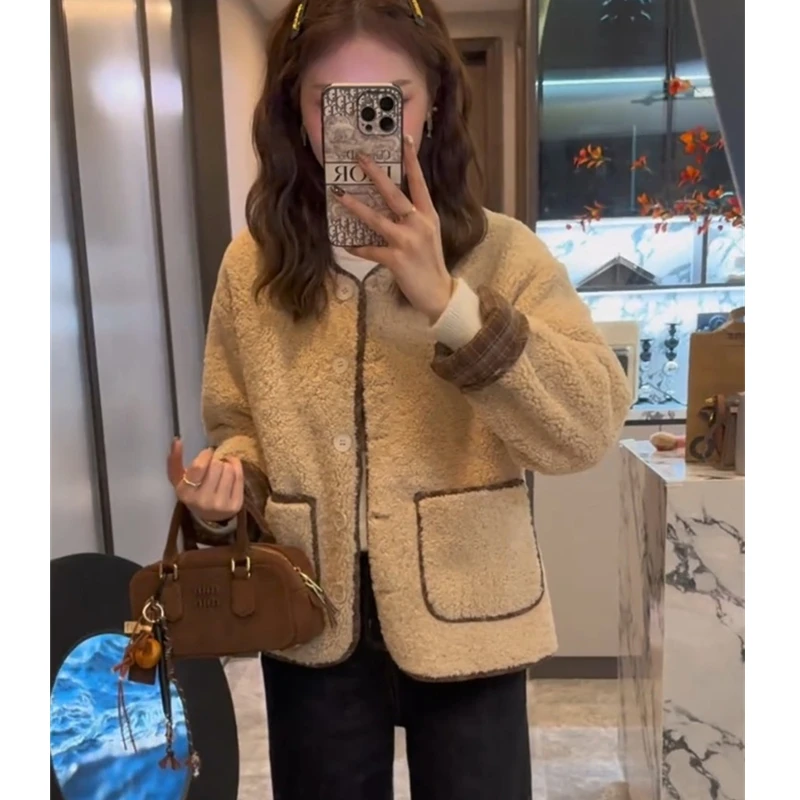 【小沫家】韩版加厚毛毛外套女2025秋冬季新款圆领拼袖皮毛一体上衣