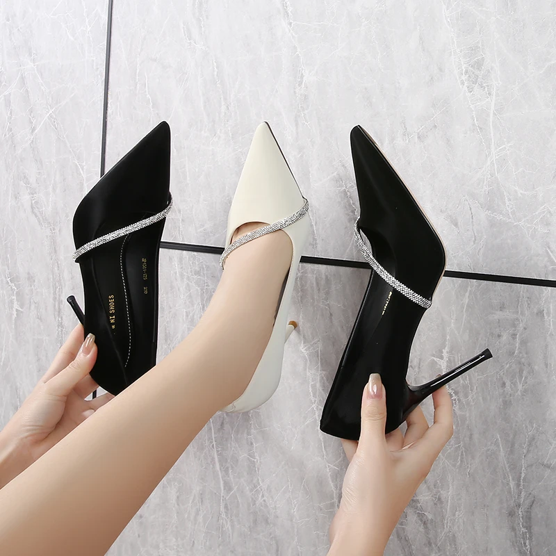 羊皮【9~7公分】2025春秋新款黑色细跟尖头气质百搭网红浅口高跟鞋