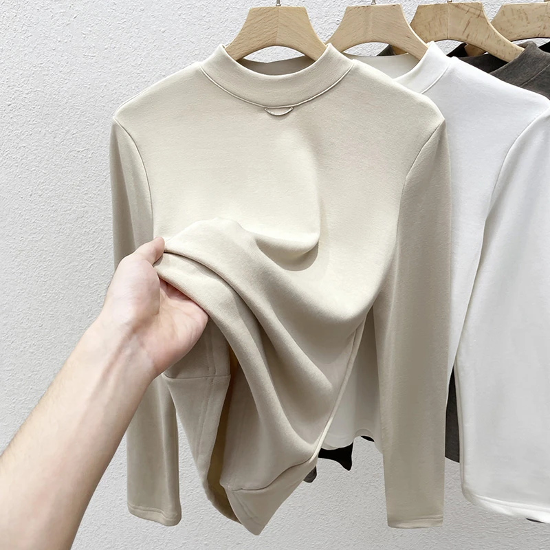 半高领德绒打底衫女秋冬2024新款加绒加厚修身内搭高级感中领上衣