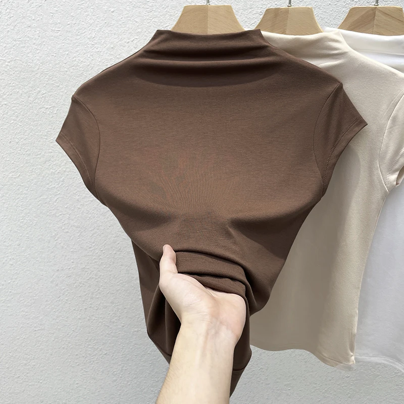 半高领短袖打底衫女秋冬短款显瘦上衣2024年新款