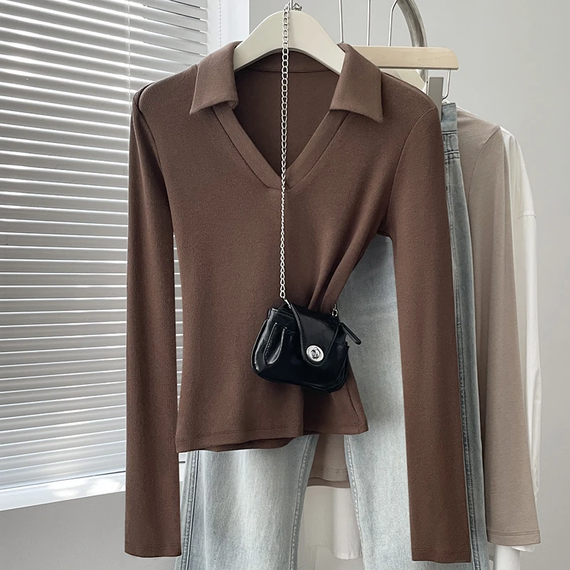 V领长袖T恤女polo打底衫2025新款春秋修身显瘦设计感上衣