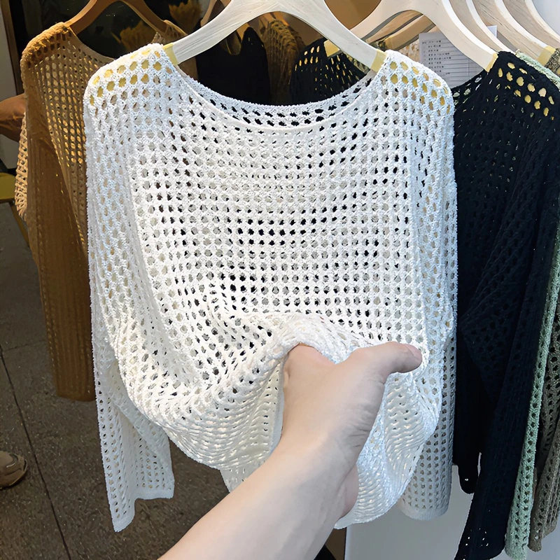 一字肩镂空针织衫T恤女夏季薄款2025年新款打底衫设计感上衣套头